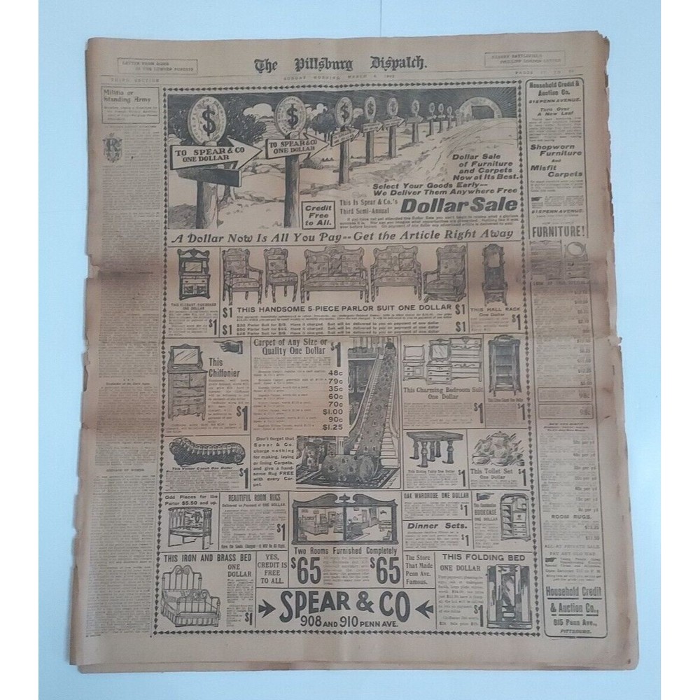 Original Antique Sunday March 8, 1903 Issue Of THE PITTSBURG DISPATCH Newspaper
